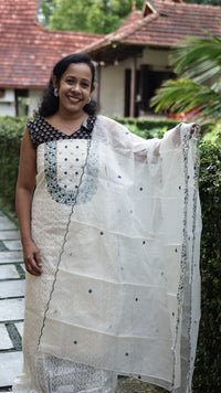 Off-White Embroidered Unstitched Three-Piece Churidar Set
