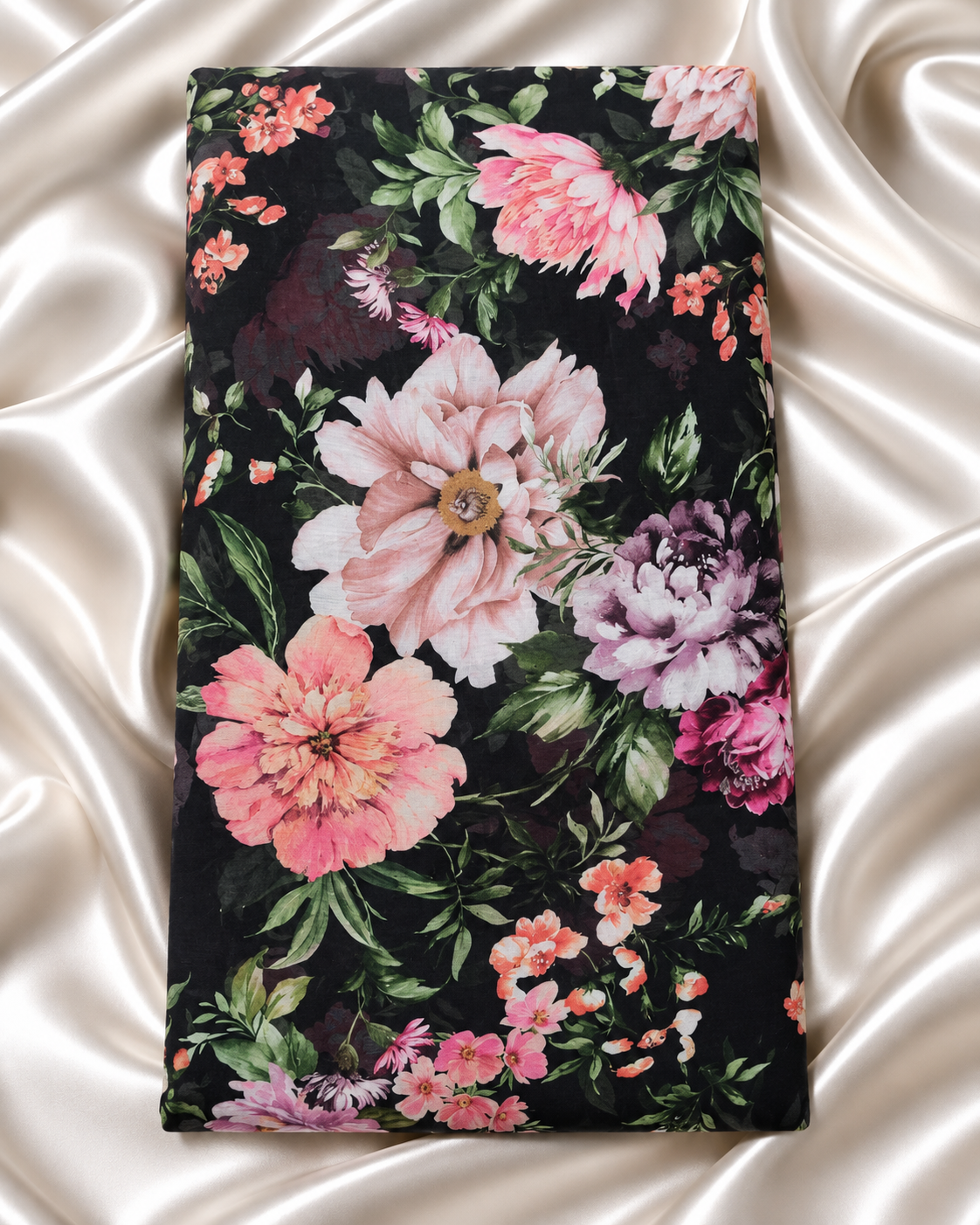 Georgette Big Width (56 Inch) Black & Pink Big Floral. GGT100