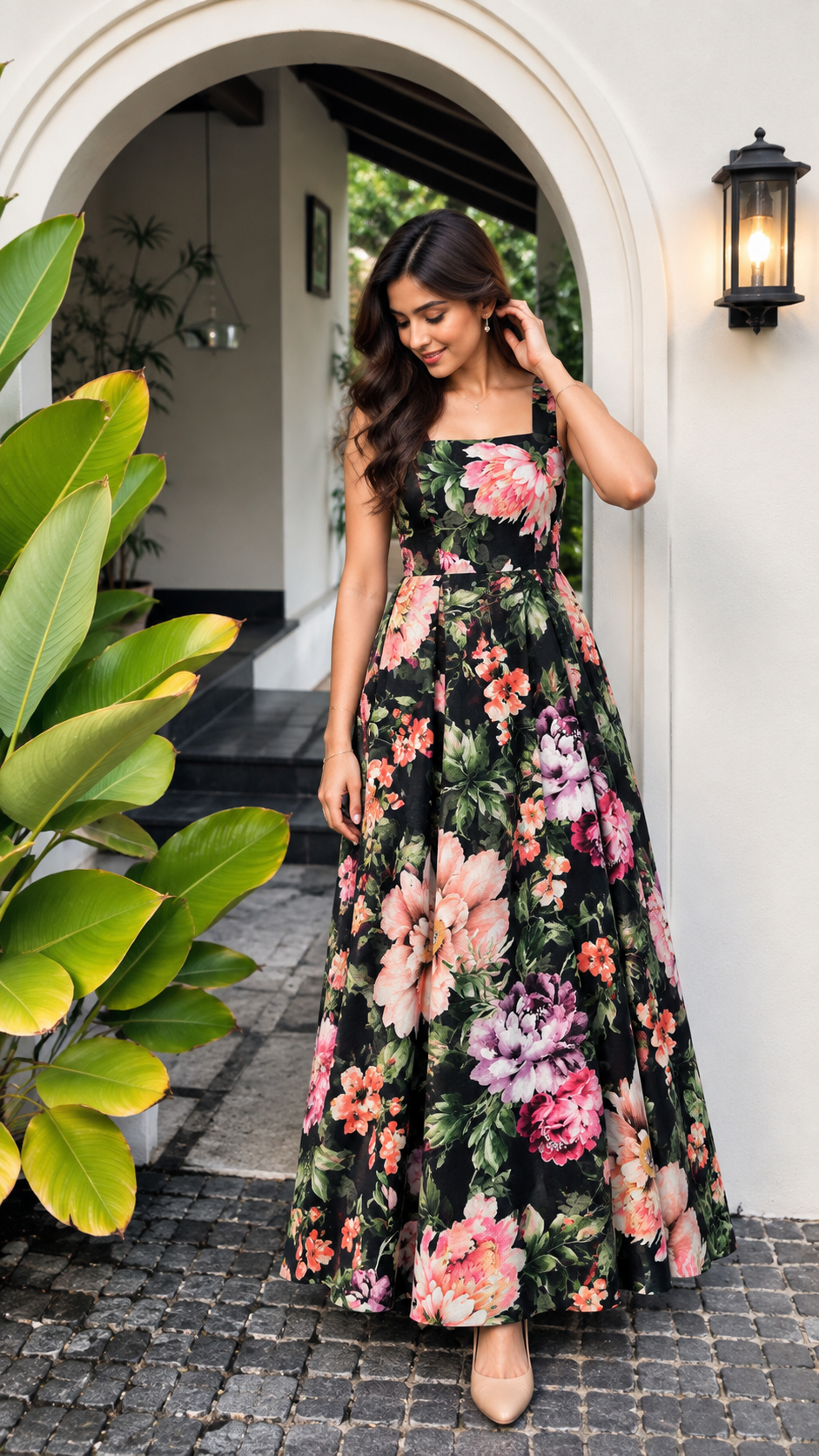 Georgette Big Width (56 Inch) Black & Pink Big Floral. GGT100